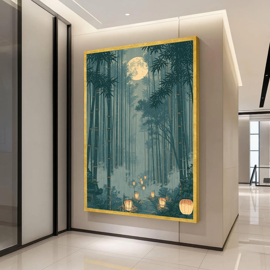 Moonlit Bamboo Forest Canvas Print, Japanese Lantern Path Wall Art, Misty Blue Night Landscape, Zen Nature Decor Poster, moonlit decor