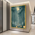 Moonlit Bamboo Forest Canvas Print, Japanese Lantern Path Wall Art, Misty Blue Night Landscape, Zen Nature Decor Poster, moonlit decor
