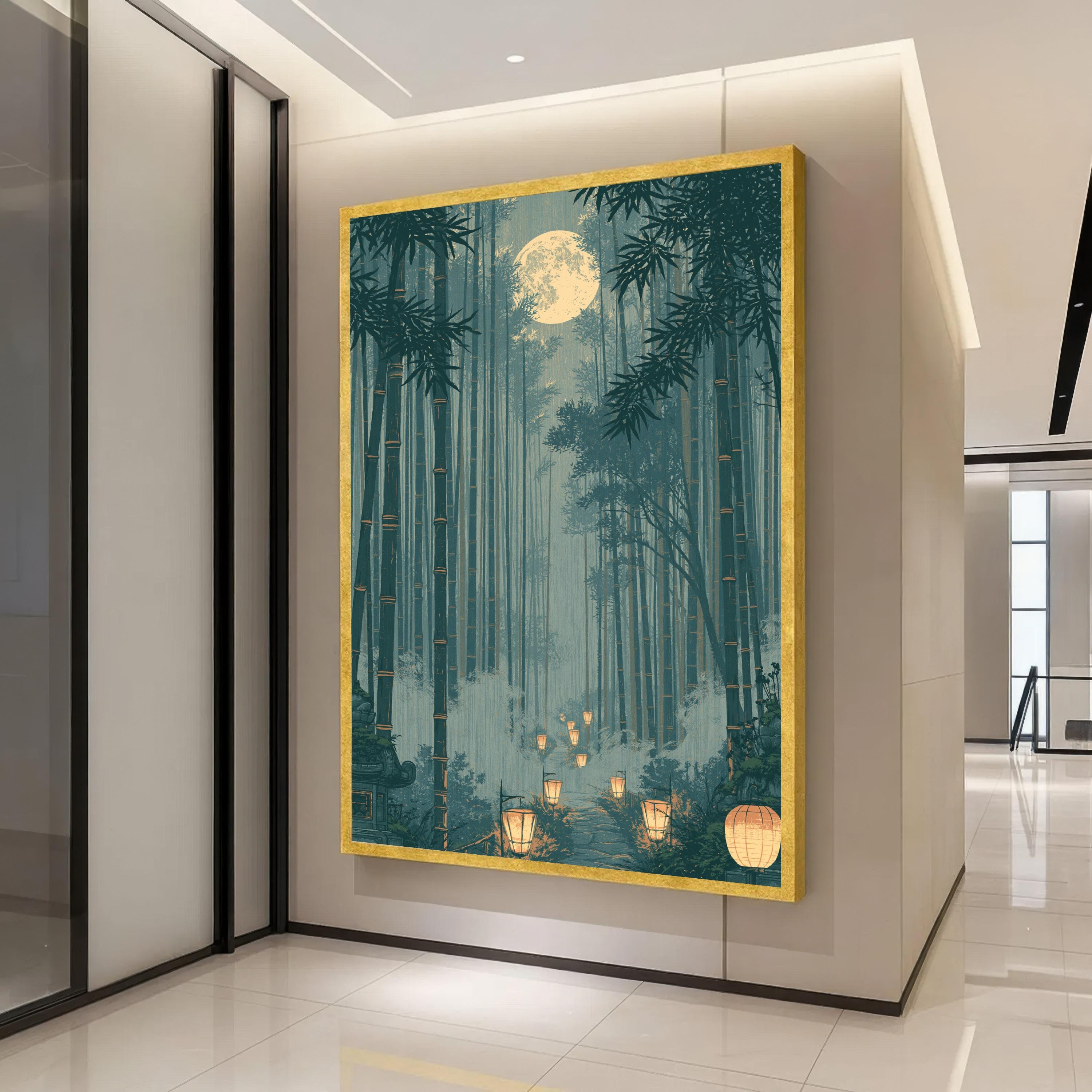 Moonlit Bamboo Forest Canvas Print, Japanese Lantern Path Wall Art, Misty Blue Night Landscape, Zen Nature Decor Poster, moonlit decor