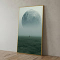 Moon Wall Art Print, Surreal Celestial Landscape, Foggy Field Figure, Blue Gray Lunar Scene, Sci Fi Fantasy Home Decor, moon wall print