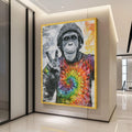 Chimpanzee Canvas Print, Graffiti Monkey Wall Art, Beanie Hat Peace Sign, Tie Dye Shirt, Urban Animal Portrait Decor, chimpanzee art
