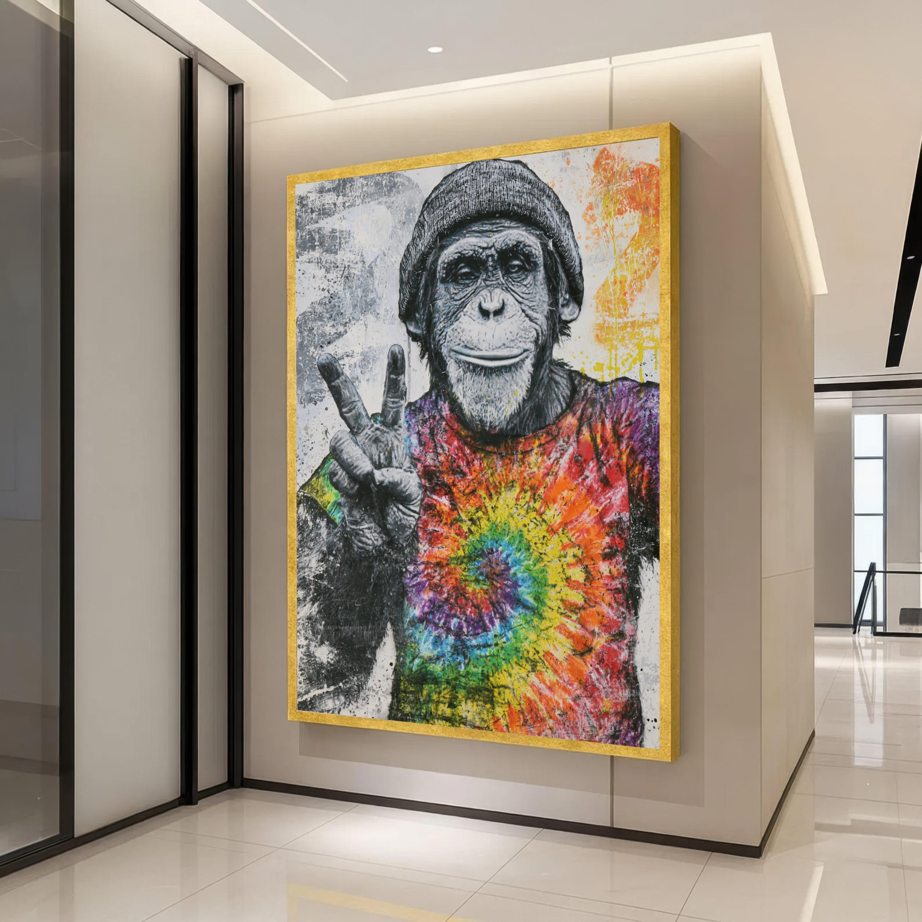 Chimpanzee Canvas Print, Graffiti Monkey Wall Art, Beanie Hat Peace Sign, Tie Dye Shirt, Urban Animal Portrait Decor, chimpanzee art